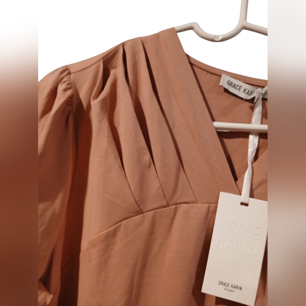 Grace Karin Rose Pink Bell Sleeves Vneck Pleated Shirt Womans 2x Flowy Drape - Picture 5 of 10